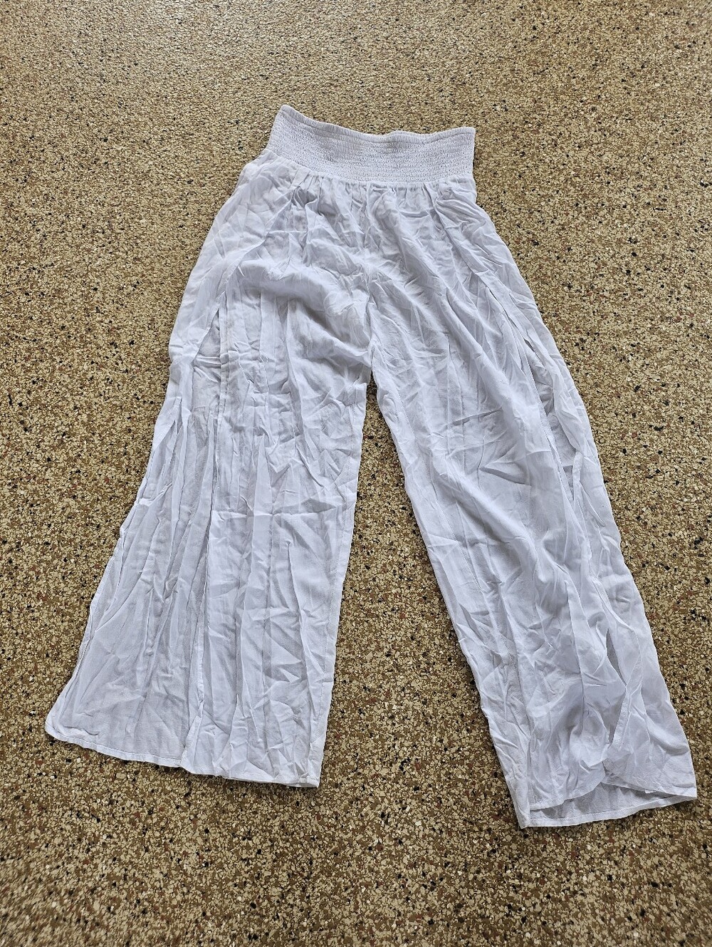 Elan White Cotton Open Front Flowey Elastic Waist Resortwear Beach Cover Up Pant